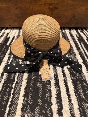 Classic Tan Straw Sun Hat with Black Polka Dot Bow